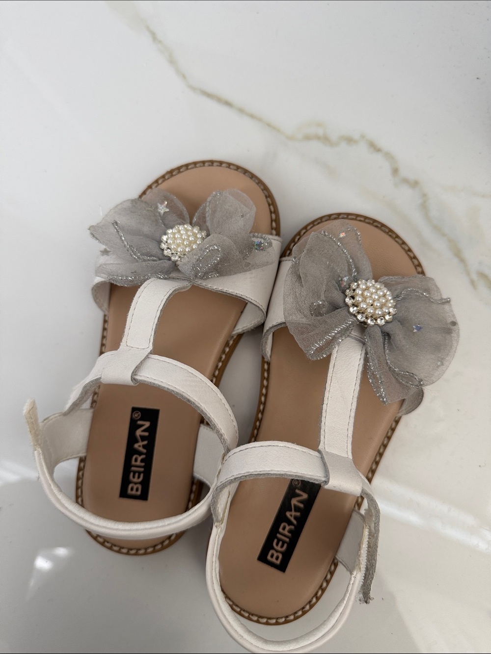 Kids White Floral Pearl T-Strap Sandals